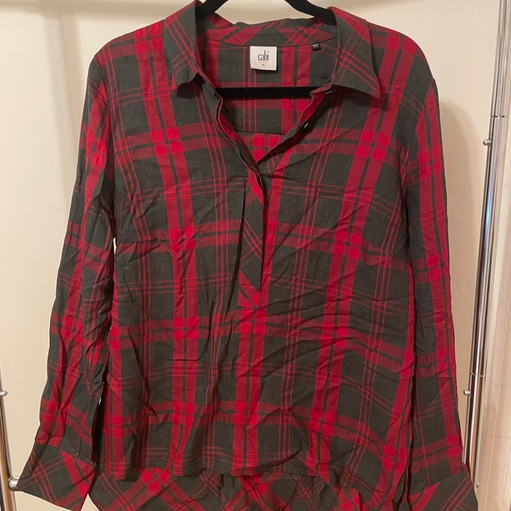 CAbi Red and Black Relaxed Button Down Shirt Notched Collar